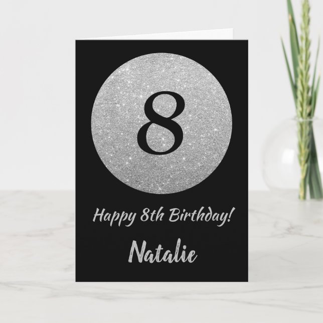 Happy 8th Birthday Black and Silver Glitter Card (Front)