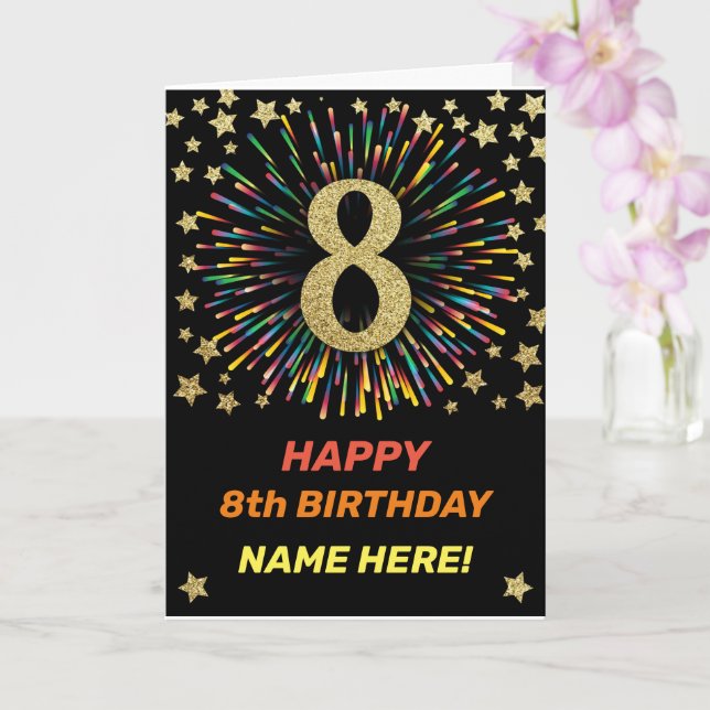 Happy 8th Birthday Black & Gold Rainbow Firework Card (Orchid)