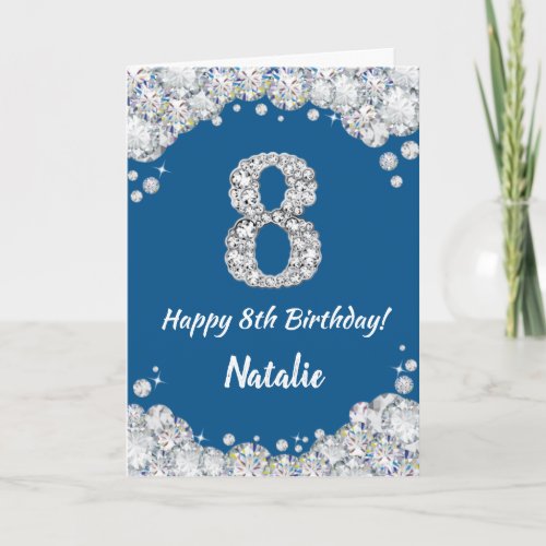 Happy 8th Birthday Blue and Silver Glitter Card