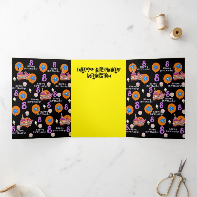 Happy 8th Birthday Card, #8 Black &Yellow Tri-Fold Card (Inside)