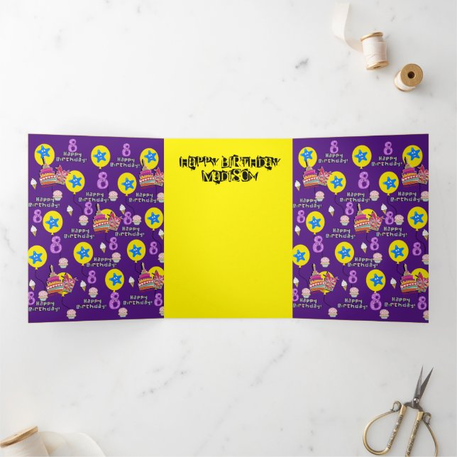 Happy 8th Birthday Card, #8 Purple &Yellow Tri-Fold Card (Inside)