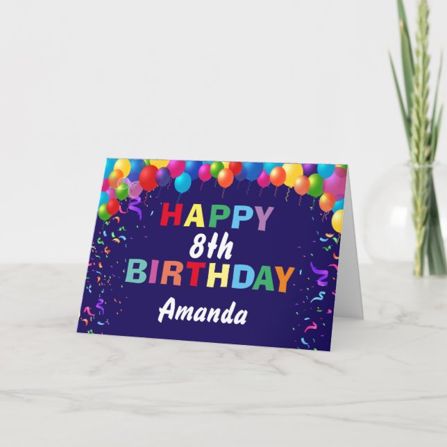 Happy 8th Birthday Colorful Balloons Navy Blue Card (Front)
