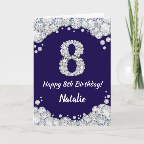 Happy 8th Birthday Navy Blue and Silver Glitter Card