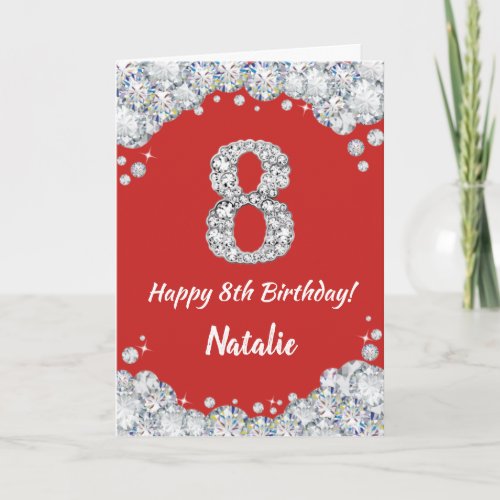 Happy 8th Birthday Red and Silver Glitter Card