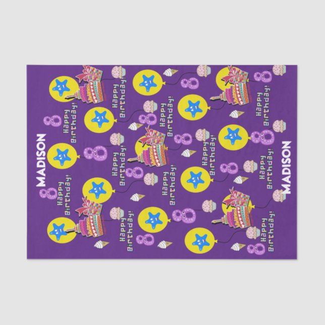 Happy 8th Birthday Tissue Paper #8 Purple (Front)