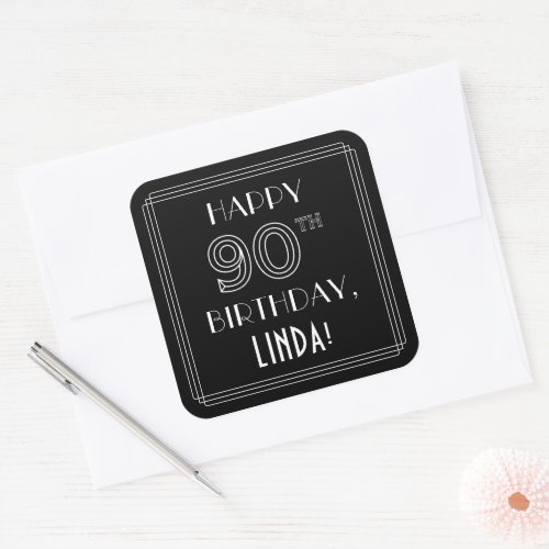 HAPPY 90TH BIRTHDAY Art Deco Style Custom Name Square Sticker