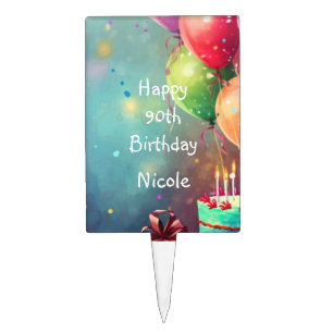 Happy 90th Birthday Balloons Fun Custom Name Cake Topper