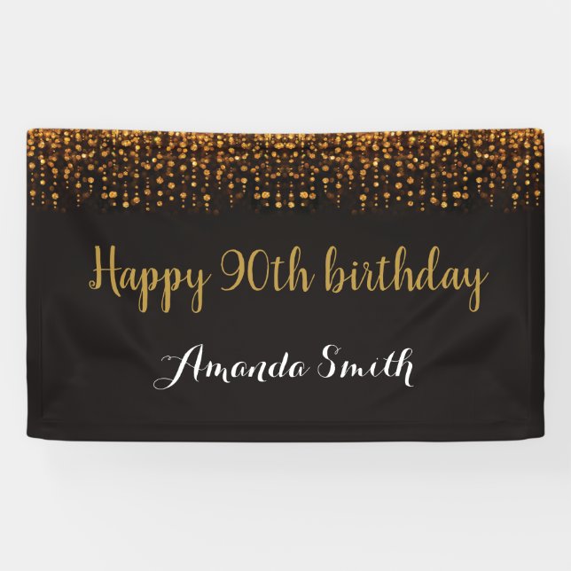 Happy 90th Birthday Banner. Black and Gold Glitter Banner (Horizontal)