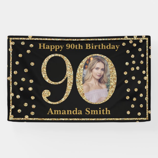Happy 90th Birthday Banner Black and Gold Photo (Horizontal)
