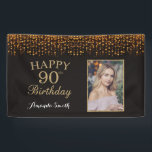Happy 90th Birthday Banner. Gold Glitter Photo Banner<br><div class="desc">Happy 90th Birthday Banner for women or man. Black and Gold Birthday Party Banner. Gold Glitter Confetti. Black and White Stripes. Printable Digital. For further customization,  please click the "Customize it" button and use our design tool to modify this template.</div>