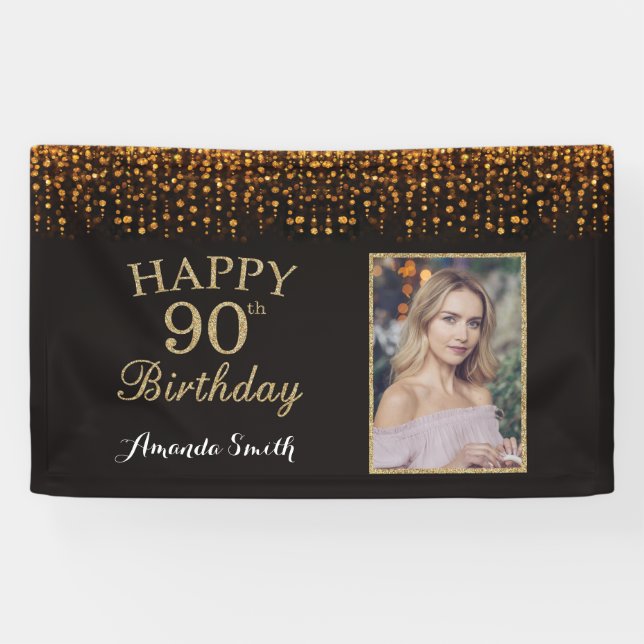 Happy 90th Birthday Banner. Gold Glitter Photo Banner (Horizontal)