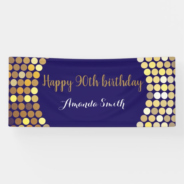 Happy 90th Birthday Banner Navy Blue Gold Glitter (Horizontal)