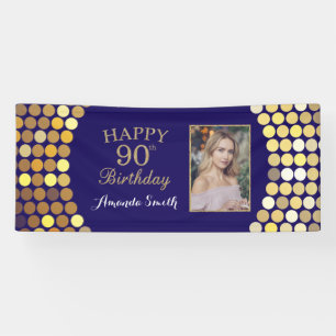 Happy 90th Birthday Banner. Navy Blue Gold Photo Banner