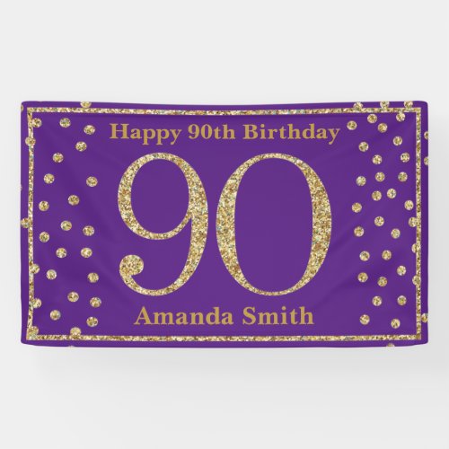 Happy 90th Birthday Banner Purple and Gold Glitter