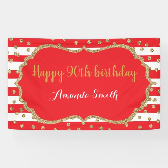 Happy 90th Birthday Banner Red and Gold Glitter (Horizontal)