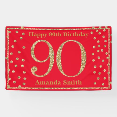 Happy 90th Birthday Banner Red and Gold Glitter