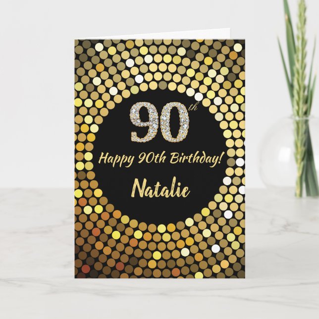Happy 90th Birthday Black and Gold Glitter Card (Front)