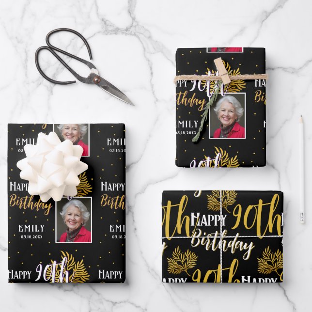 Happy 90th Birthday Black Gold Foliage Photo  Wrapping Paper Sheets (Front)