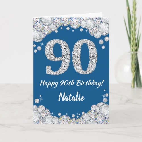 Happy 90th Birthday Blue and Silver Glitter Card