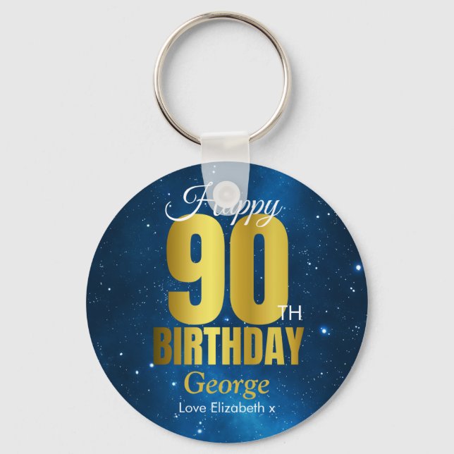 Happy 90th Birthday Blue Gold Keychain (Front)