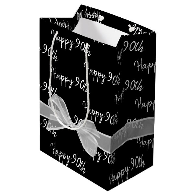 Happy 90th Birthday Bow On Black Medium Gift Bag (Back Angled)