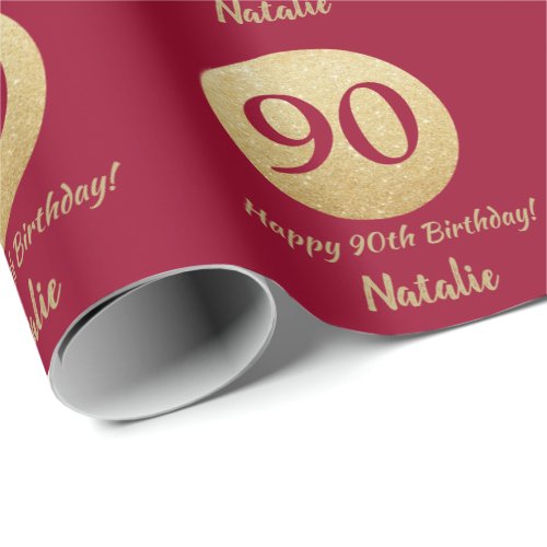 Happy 90th Birthday Burgundy Red and Gold Glitter Wrapping Paper