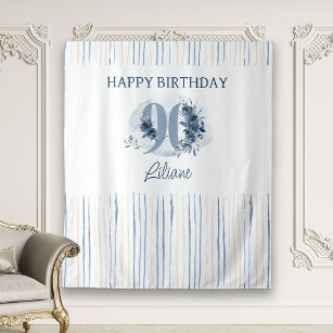 Happy 90th Birthday Coastal Blue Floral Number 90 Tapestry