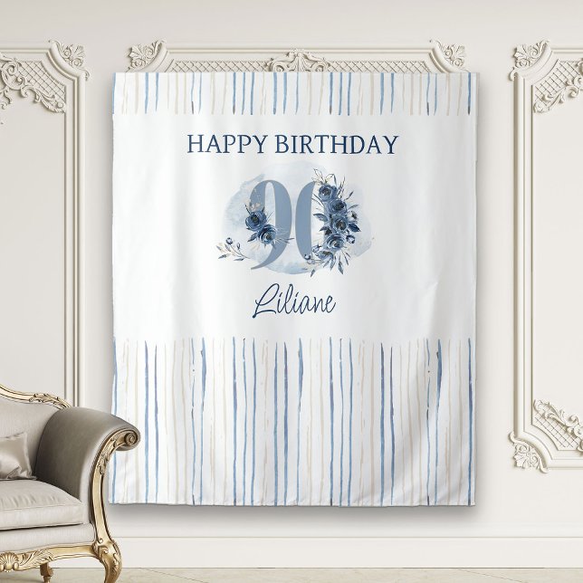 Happy 90th Birthday Coastal Blue Floral Number 90 Tapestry (90th Birthday Backdrop from my Floral Number Birthday Party Collection)