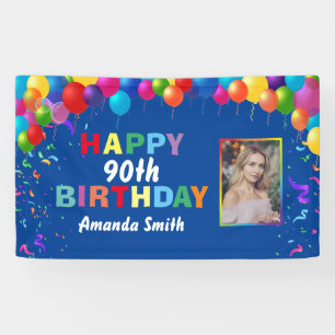 Happy 90th Birthday Colorful Balloons Blue Banner