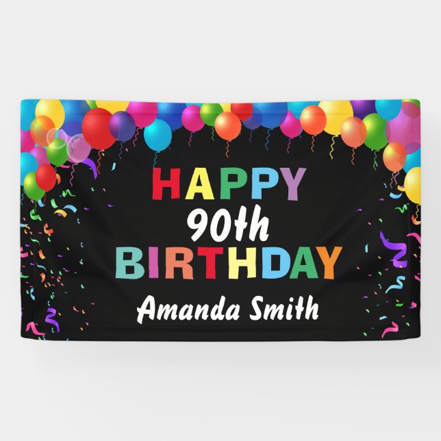 Happy 90th Birthday Colorful Balloons Confetti Banner (Horizontal)