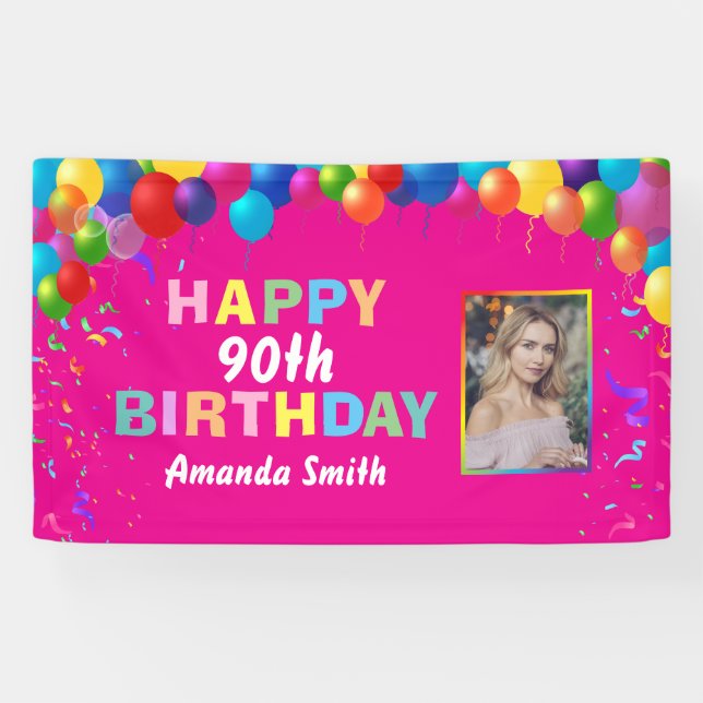 Happy 90th Birthday Colorful Balloons Hot Pink Banner (Horizontal)