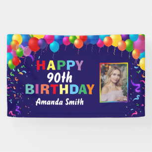 Happy 90th Birthday Colourful Balloons Navy Blue Banner