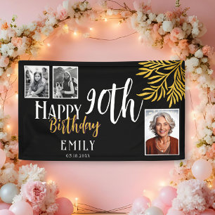 Happy 90th Birthday Gold Foliage 3 Photo Backdrop Banner