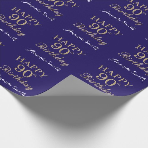 Happy 90th Birthday Gold Glitter and Navy Blue Wrapping Paper