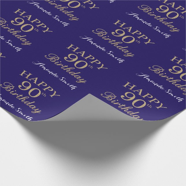 Happy 90th Birthday Gold Glitter and Navy Blue Wrapping Paper (Corner)