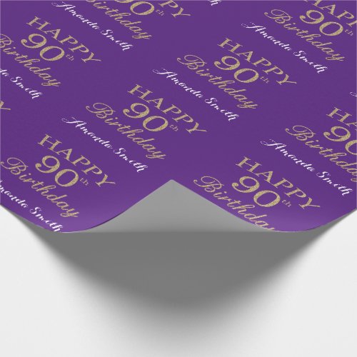 Happy 90th Birthday Gold Glitter and Purple Wrapping Paper