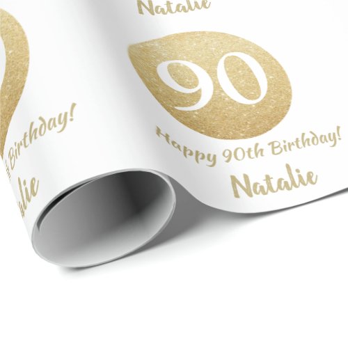 Happy 90th Birthday Gold Glitter and White Wrapping Paper