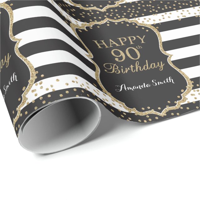 Happy 90th Birthday Gold Glitter Wrapping Paper (Roll Corner)