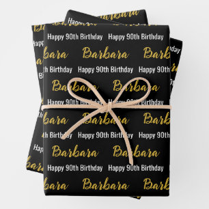 Happy 90th Birthday Gold Name Black and White Wrapping Paper Sheets