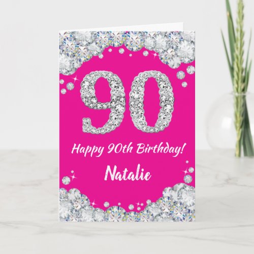 Happy 90th Birthday Hot Pink and Silver Glitter
