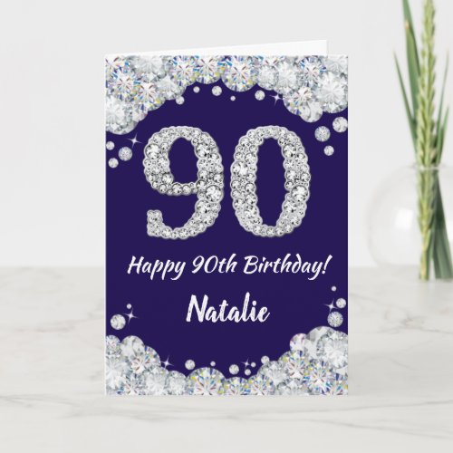 Happy 90th Birthday Navy Blue and Silver Glitter