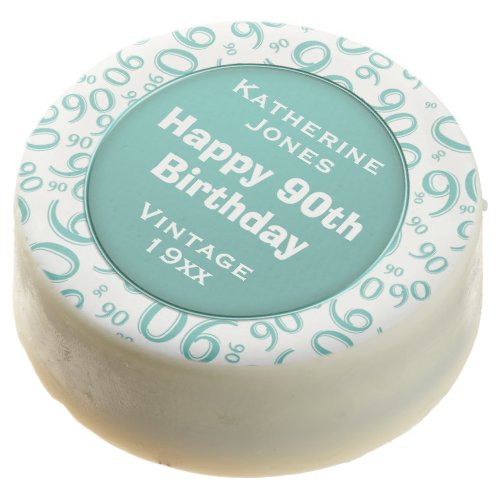 Happy 90th Birthday Number Pattern Teal White 90 Chocolate Covered Oreo