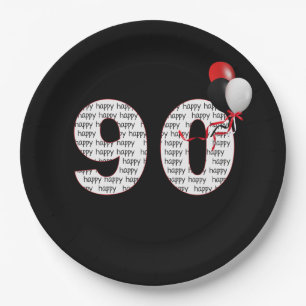 Happy 90th Birthday On Black Paper Plate