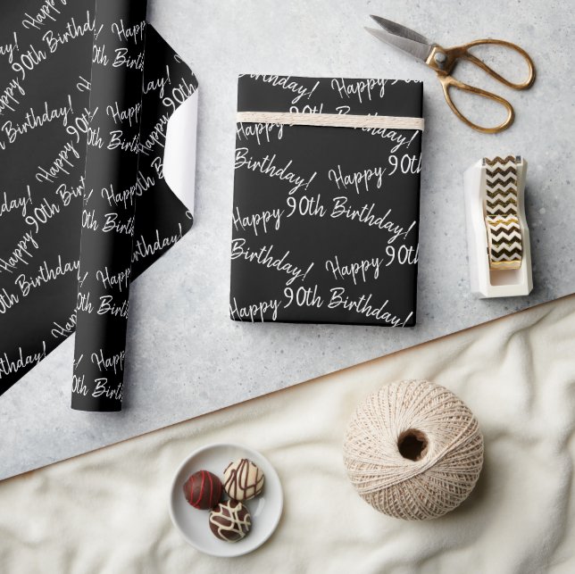 Happy 90th Birthday on black Wrapping Paper (Crafts)