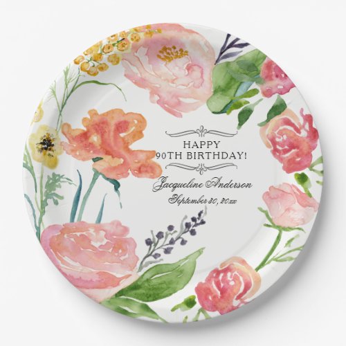 Happy 90th Birthday Party Watercolor Floral Rose Paper Plates