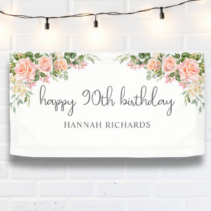 Happy 90th Birthday Pink Peach Floral Banner