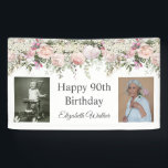 Happy 90th Birthday Pink Roses Floral 2 Photos Banner<br><div class="desc">A beautifully feminine birthday party banner to celebrate a 90th birthday in elegant style, this floral design is bordered in charming pink roses, mixed flowers and trailing greenery It has a text template for adding 2 photos of the guest of honor: Shown here with a childhood photo and a current...</div>