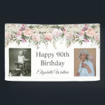 Happy 90th Birthday Pink Roses Floral 2 Photos Banner<br><div class="desc">A beautifully feminine birthday party banner to celebrate a 90th birthday in elegant style, this floral design is bordered in charming pink roses, mixed flowers and trailing greenery It has a text template for adding 2 photos of the guest of honor: Shown here with a childhood photo and a current...</div>