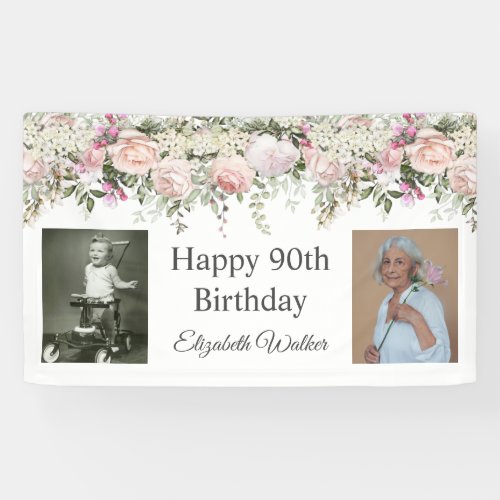 Happy 90th Birthday Pink Roses Floral 2 Photos Banner