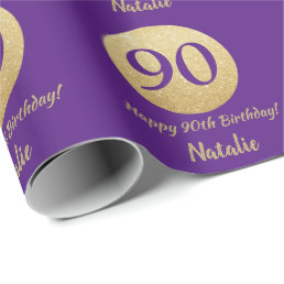 Happy 90th Birthday Purple and Gold Glitter Wrapping Paper